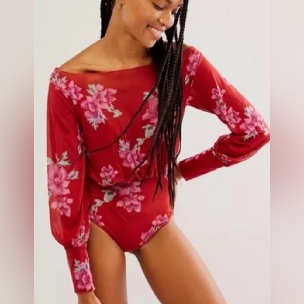 Free People Intimately Cherry Red Floral Long Sleeve Bodysuit XS NWT $88